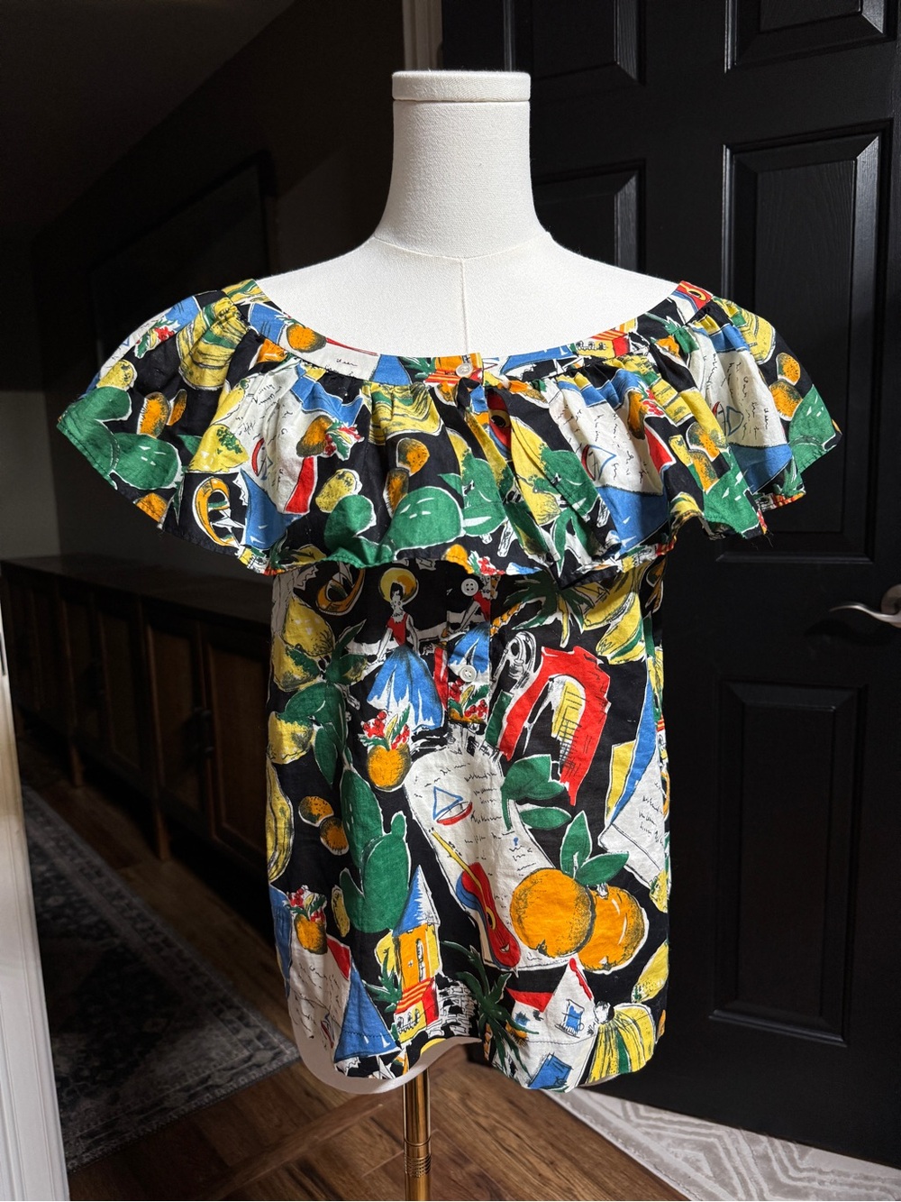 {J. Crew} Italian Vacation Postcard Print Wide Neck Ruffle Tank Top Shirt WSH8
